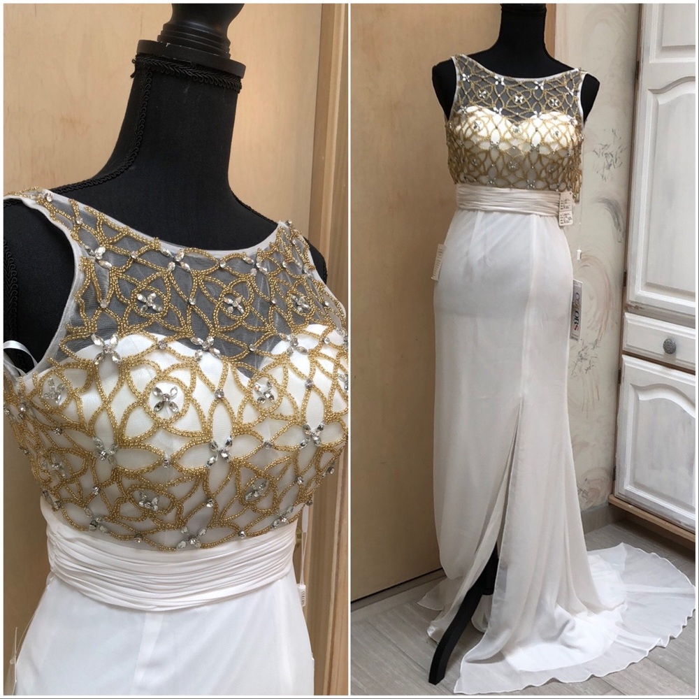 High slit white chiffon  wedding gown